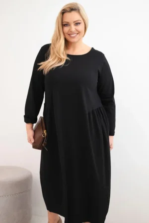 Moteriška Plus Size medvilninė suknelė su ilgomis rankovėmis ir raukšlėmis liemenyje