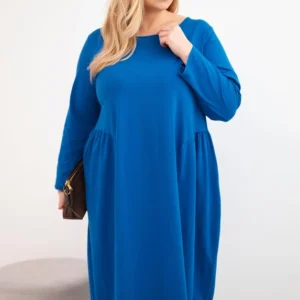 Moteriška suknelė Plus Size medvilninė su ilgomis rankovėmis ir raukšlėmis liemenyje chabrova