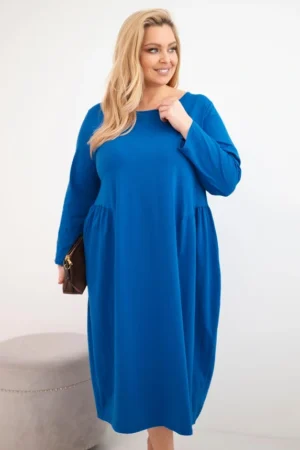 Moteriška suknelė Plus Size medvilninė su ilgomis rankovėmis ir raukšlėmis liemenyje chabrova