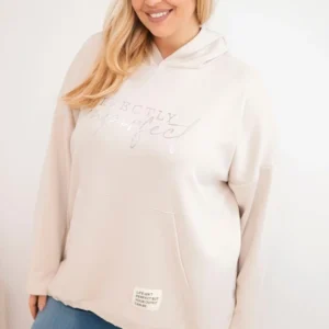 Damos džemperis Plus Size su kapišonu ir spauda bežinis