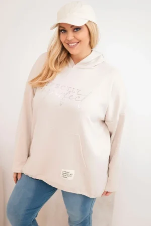 Damos džemperis Plus Size su kapišonu ir spauda bežinis