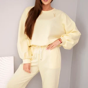 Moteriškas su sviestu, džemperis su segtuku ir kelnės su tiesia kojena