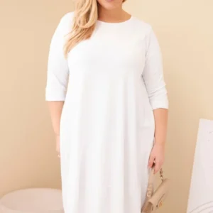 Moteriška medvilninė suknelė Plus Size su pasukamais rankovėmis ir kišenėmis