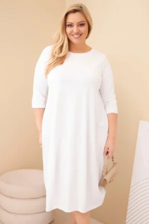 Moteriška medvilninė suknelė Plus Size su pasukamais rankovėmis ir kišenėmis