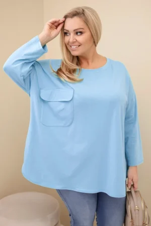 Moteriška Plus Size marškinėliai su kišene ir užlenktais rankovėmis
