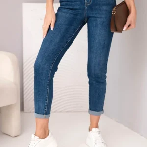 Moteriškos kelnės Mom Fit su aukštu juosmeniu ir kontrastinga juosta tamsiai