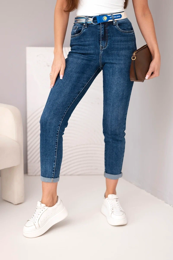 38372_4 Moteriškos kelnės Mom Fit su aukštu juosmeniu ir kontrastinga juosta tamsiai