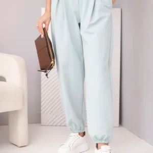 Moteriškos medvilninės kelnės su aukštu liemeniu ir dekoratyvine saga tamsiai