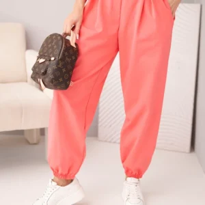 Moteriškos medvilninės kelnės su aukštu liemeniu ir dekoratyvine saga