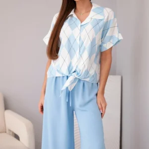 Moteriškas , vizkozė, palaidinė su kaklaraiščiu ir kelnės su gumyte