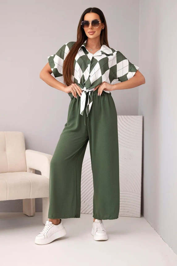 38442_1 Moteriškas , vizkozės marškiniai su ryšuliu ir kelnės su guma khaki - Image 2