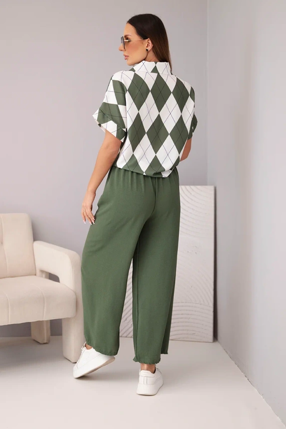 38442_2 Moteriškas , vizkozės marškiniai su ryšuliu ir kelnės su guma khaki - Image 3