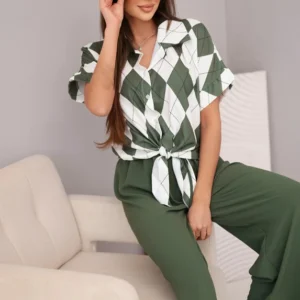 Moteriškas , vizkozės marškiniai su ryšuliu ir kelnės su guma khaki