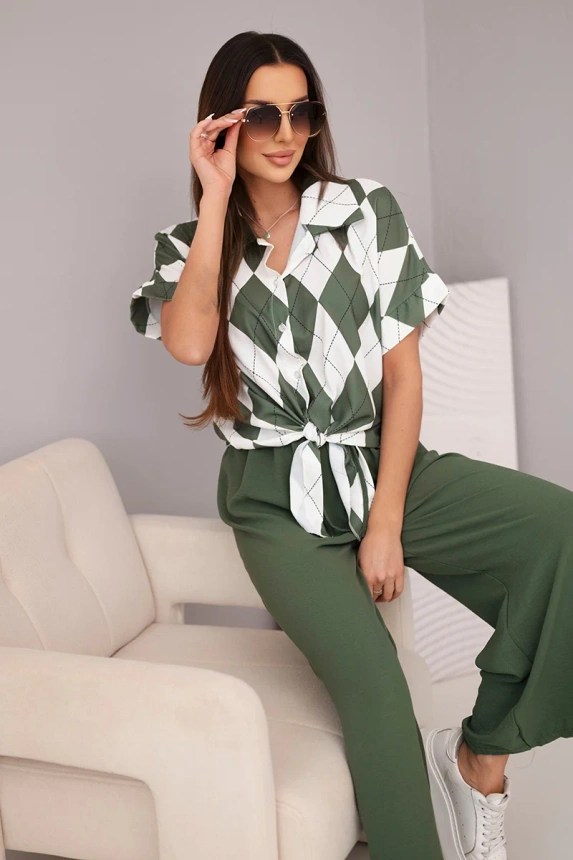 38442_3 Moteriškas , vizkozės marškiniai su ryšuliu ir kelnės su guma khaki