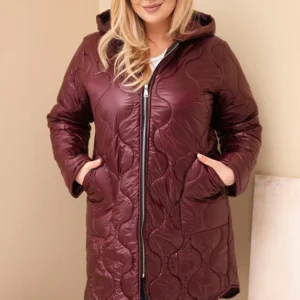 Moteriška Plus Size žiemos pūkinė striukė su gobtuvu slyvinė