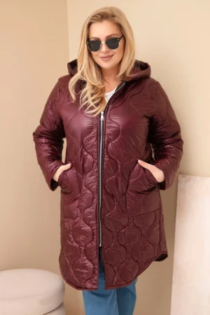 Moteriška Plus Size žiemos pūkinė striukė su gobtuvu slyvinė