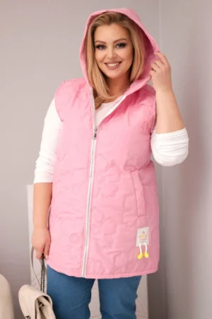 Moteriška Plus Size liemenė su kapišonu ir gėlėta siuvinėjimu šviesiai