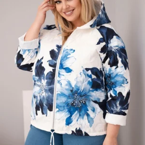 Pavasarinė moteriška striukė Plus Size su gėlių raštu tamsiai