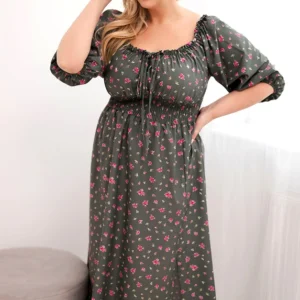 Moteriška suknelė Plus Size su raišteliu ir elastinga juosmeniu khaki