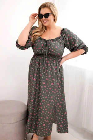 Moteriška suknelė Plus Size su raišteliu ir elastinga juosmeniu khaki