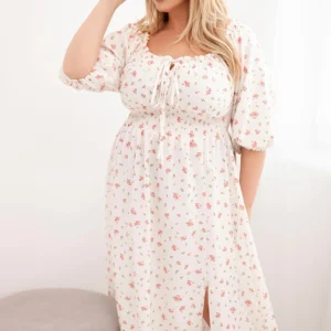 Moteriška suknelė Plus Size su raišteliu ir elastinga juosmeniu ecru