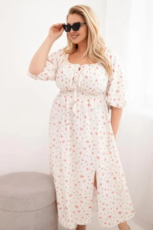 Moteriška suknelė Plus Size su raišteliu ir elastinga juosmeniu ecru