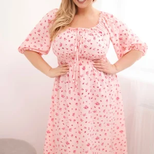 Moteriška suknelė Plus Size su raišteliu ir elastinga talija cukrinė