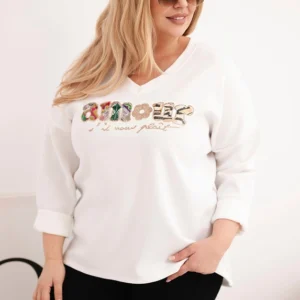 Moteriška Plus Size palaidinė su užrašu ir V formos iškirpte ecru