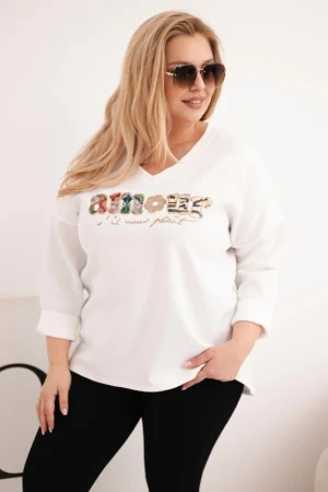 Moteriška Plus Size palaidinė su užrašu ir V formos iškirpte ecru