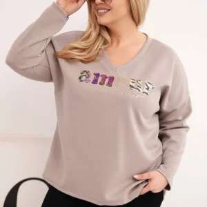 Moteriška džemperis Plus Size su užrašu ir V formos iškirpte fango