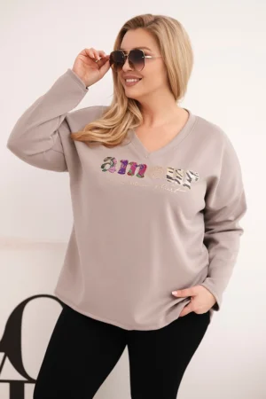 Moteriška džemperis Plus Size su užrašu ir V formos iškirpte fango