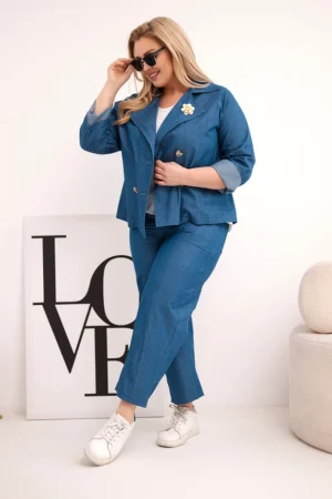 Damski Plus Size medvilninis su švarku ir kelnėmis tamsiai