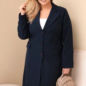 Moteriškas paltas Plus Size ilgas su apykakle ir kišenėmis granatinis