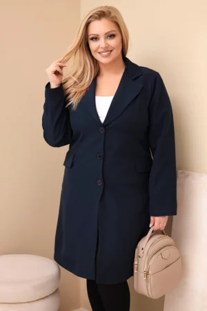 Moteriškas paltas Plus Size ilgas su apykakle ir kišenėmis granatinis