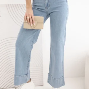 Moteriškos kelnės su plačiomis kojomis ir aukštu liemeniu, niebieski