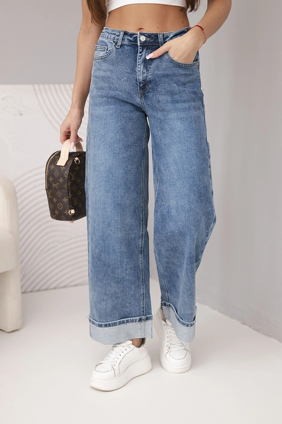 38611_1 Moteriškos kelnės su plačiomis klešnėmis ir dekoratyviniu apačiu, džinsowe