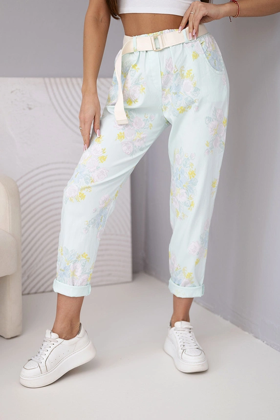38660_1 Moteriškos vizoninės kelnės gėlėmis su diržu miętowe