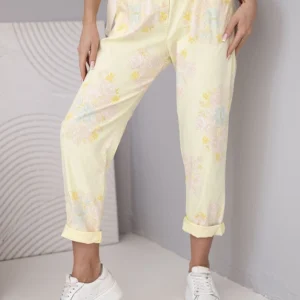 Moteriškos vizkozės kelnės su gėlėmis ir diržu