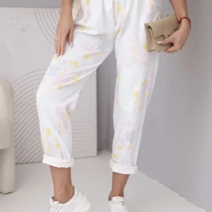 Moteriškos viskozinės kelnės su gėlėmis ir diržu