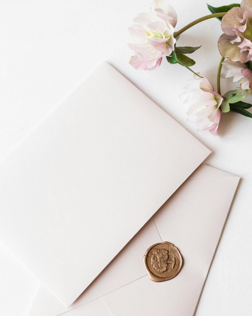 Stylish arrangement of envelopes and wax seal with delicate pink flowers on a white background.