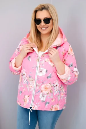 Plus Size gėlėta striukė su gobtuvu